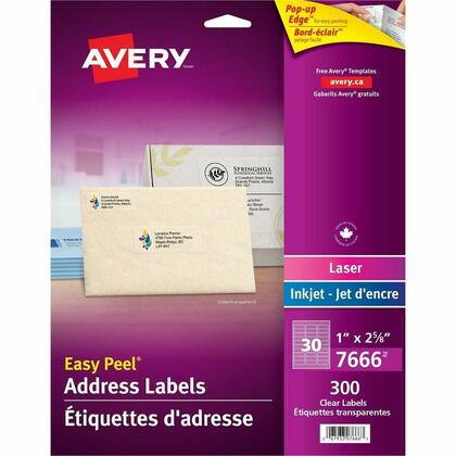 Avery® Easy Peel® Étiquettes d'adresse rectangulaires transparentes, 1" x 2-5/8", laser/jet d'encre