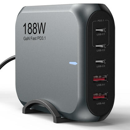 Chargeur de bureau GaN 5 ports 188W (3 USB-C + 2 USB-A), Certifié cETL - PrimeCables®