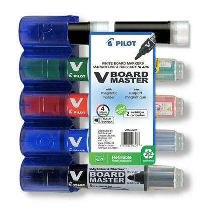 Pilot® V-Board Master® 4 marqueurs effaçables à sec, porte-marqueur, 2 recharges
