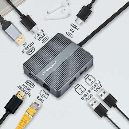Concentrateur USB-C 7 ports avec HDMI + DisplayPort + 2* USB3.2 10Gbps + PD100W + USB-C3.2 + RJ45